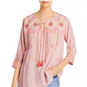 Johnny Was Workshop Thora Striped Embroidered Tasseled Tunic Top Pink Cotton XS